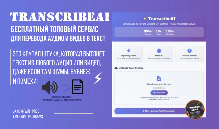 Бесплатный топовый сервис для перевода аудио и видео в текст — TranscribeAI