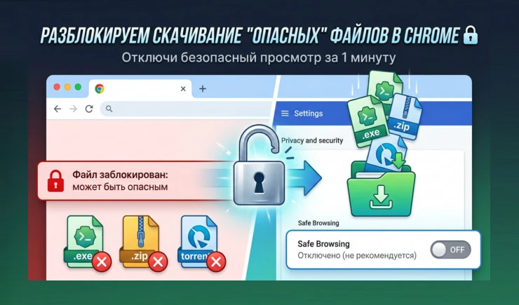 Разблокируем скачивание "опасных" файлов в Chrome — пара кликов!