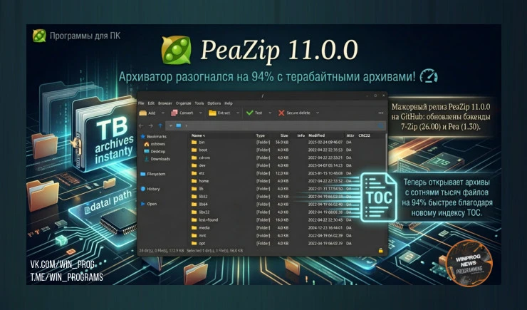 PeaZip 11.0.0 — архиватор разогнался на 94% с терабайтными архивами!