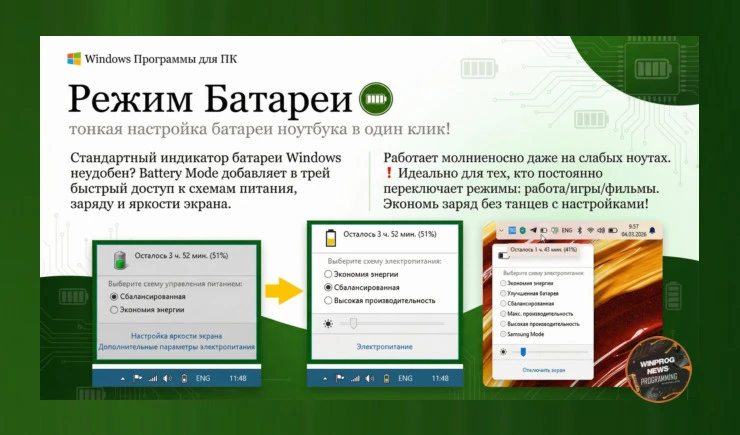 Battery Mode — тонкая настройка батареи ноутбука в один клик!