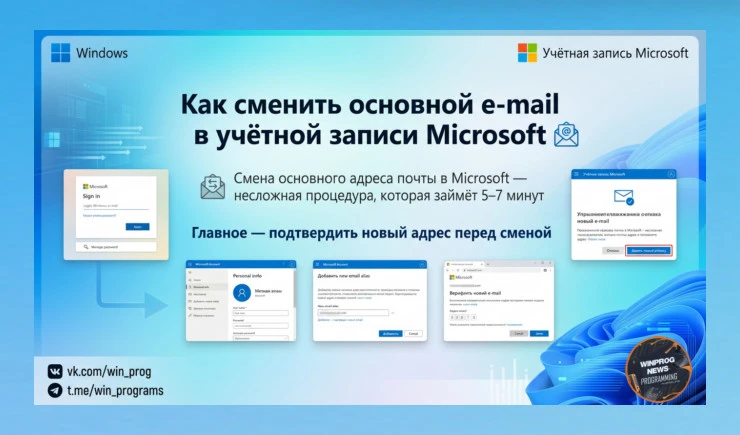 Как сменить основной e-mail в учётной записи Microsoft