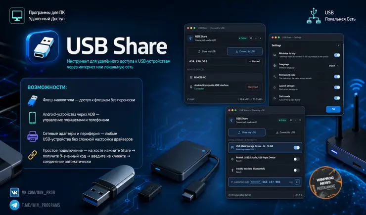 USB Share — инструмент для удалённого доступа к USB-устройствам через интернет или локальную сеть