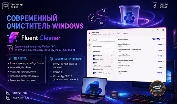 FluentCleaner — современный очиститель Windows 10/11 на базе WinUI 3 с открытым исходным кодом (лицензия MIT)